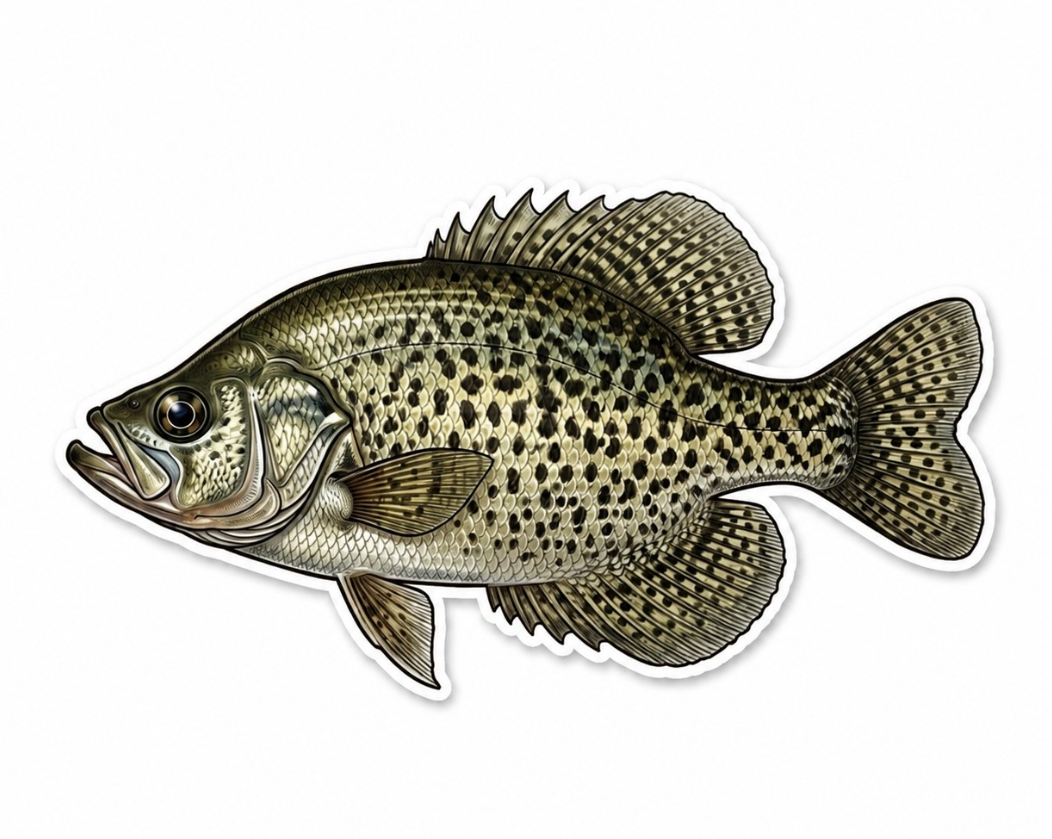 Black Crappie decal by CreekCutsDecals, featuring a detailed illustration of a crappie fish on a transparent background