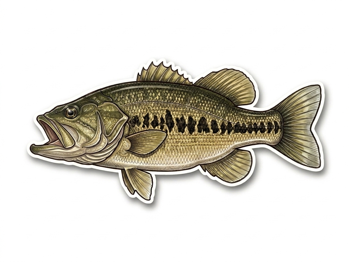 Largemouth bass decal from CreekCutsDecals featuring a detailed, realistic fish design suitable for boats and outdoor gear.