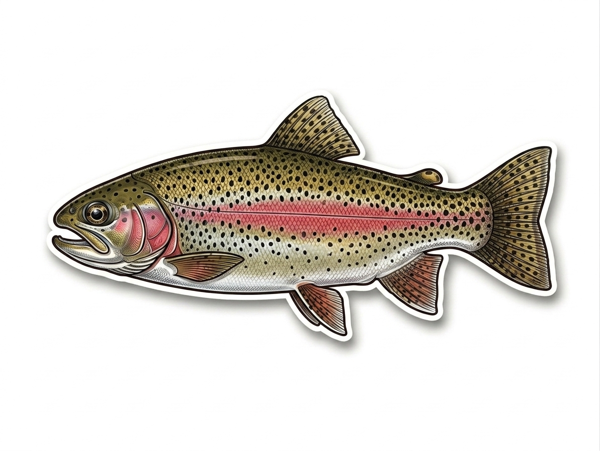Colorful rainbow trout decal from CreekCutsDecals, featuring vibrant fish design on a transparent background