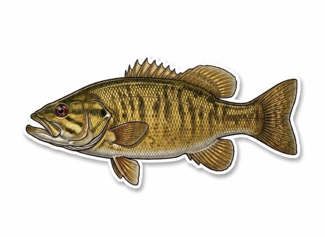 Smallmouth bass decal from CreekCutsDecals, featuring a detailed illustration of a smallmouth bass fish on a transparent background.